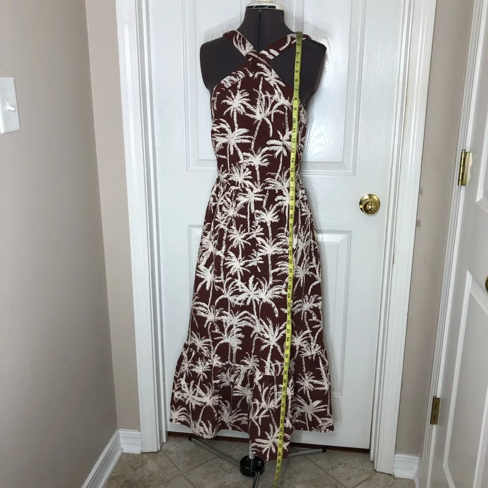 Express Cotton Blend Brown White Tropical Halter Neck Summer Brunch Midi Dress M - Picture 14 of 15